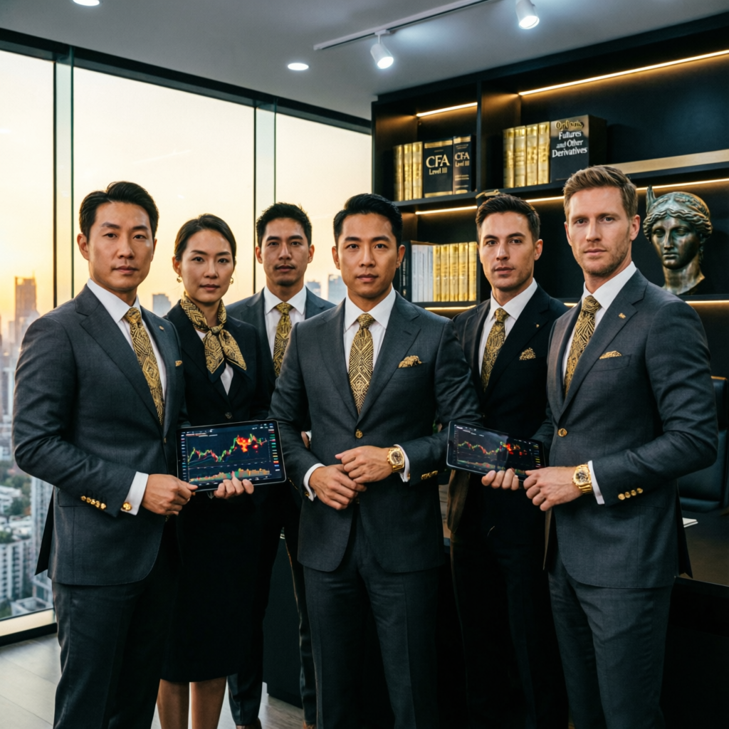 Elite team of professional prop firm traders in luxury office