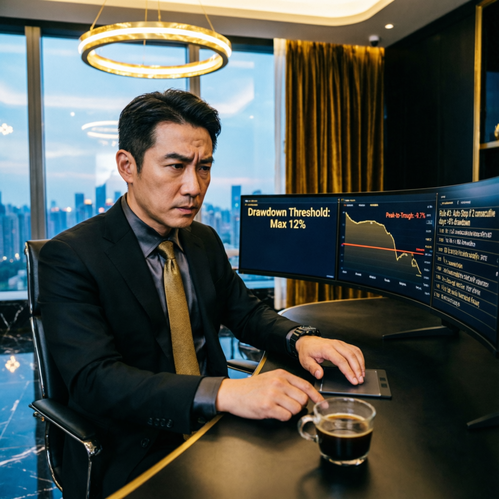 Professional trader analyzing drawdown threshold on multiple screens