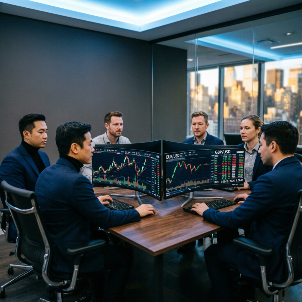 Professional trading team analyzing forex markets in modern office
