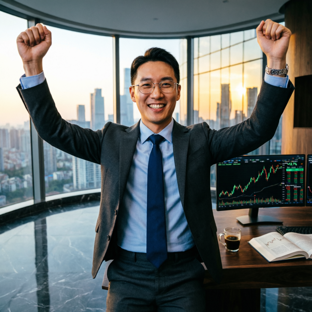 Successful trader celebrating profit achievement in modern office
