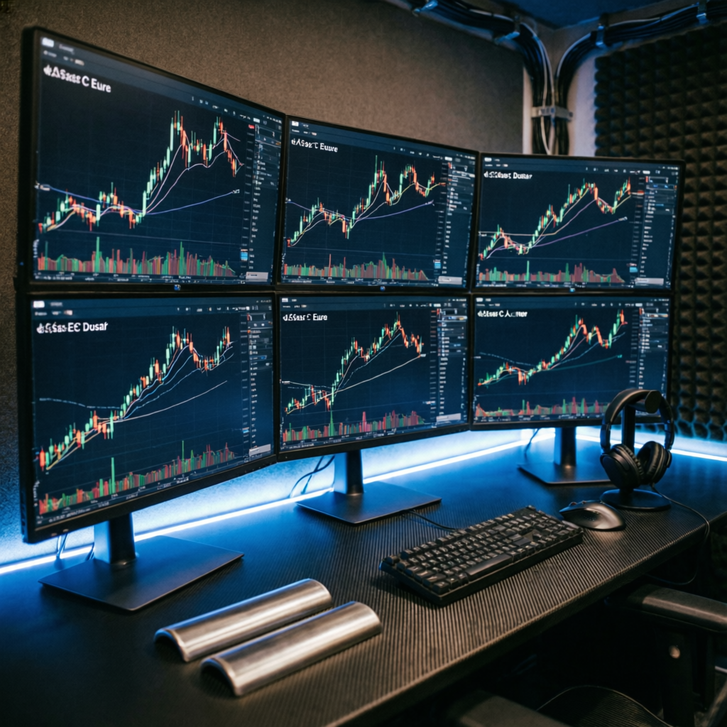 Multi-monitor trading setup with forex charts and analysis tools