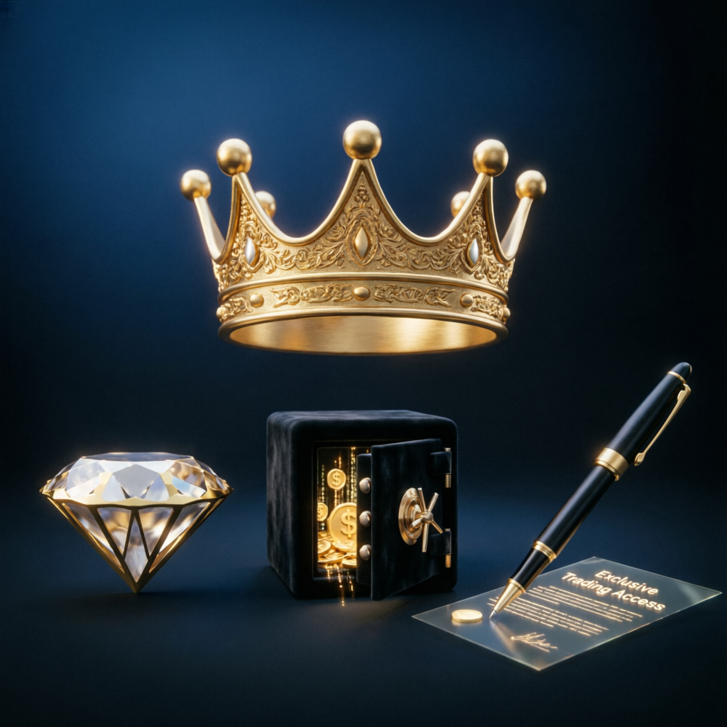 Premium VIP trading service with golden crown and luxury elements