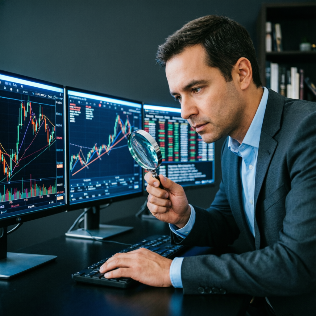 Professional financial analyst examining forex charts with magnifying glass