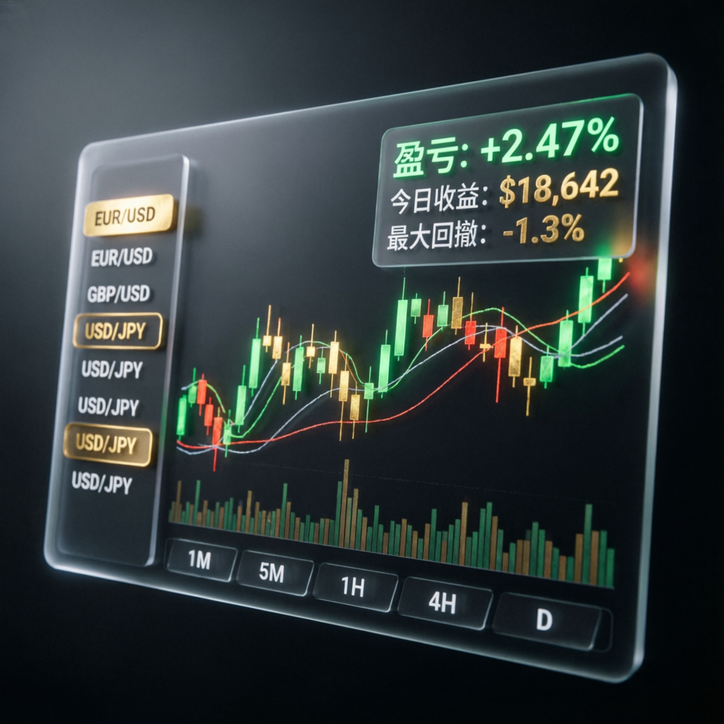 Professional forex trading dashboard showing live charts and profit metrics