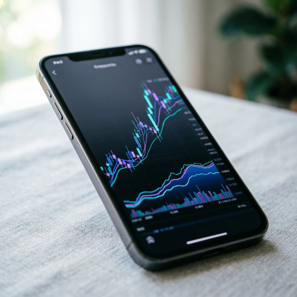 Mobile phone displaying forex trading app with profit charts