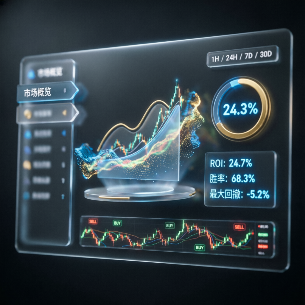 Futuristic financial analytics dashboard with holographic trading data
