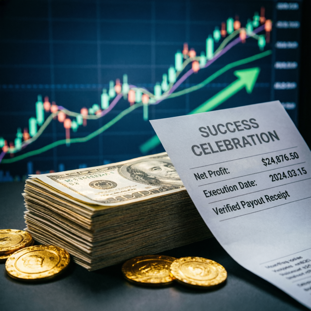 Success celebration with payout proof and trading profits