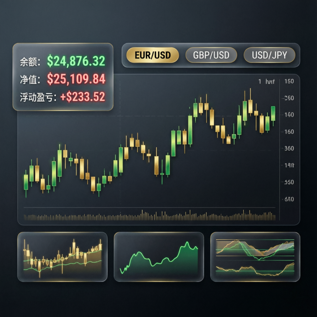 Professional forex trading dashboard with live charts and profit indicators