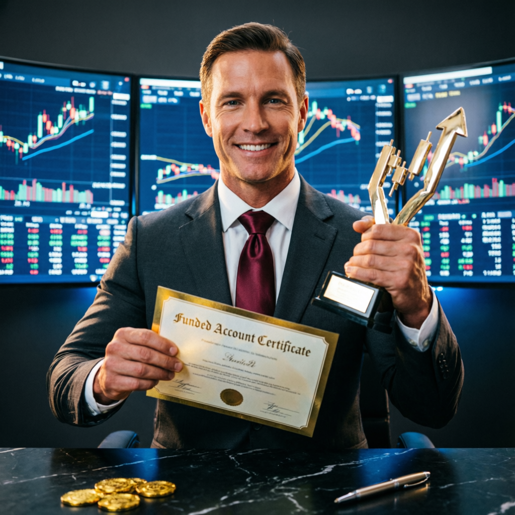 Professional trader celebrating funded account certificate success