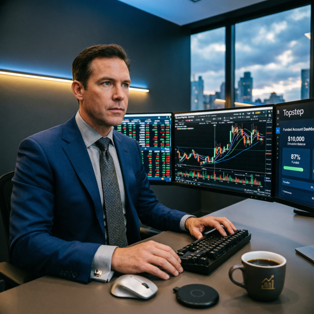 Professional forex trader analyzing Topstep funded account dashboard with multiple monitors