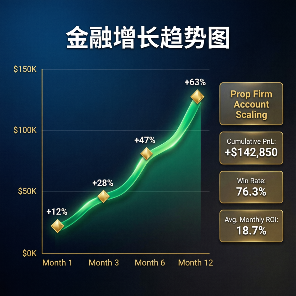 Financial growth chart showing prop firm account scaling and profit growth over 12 months