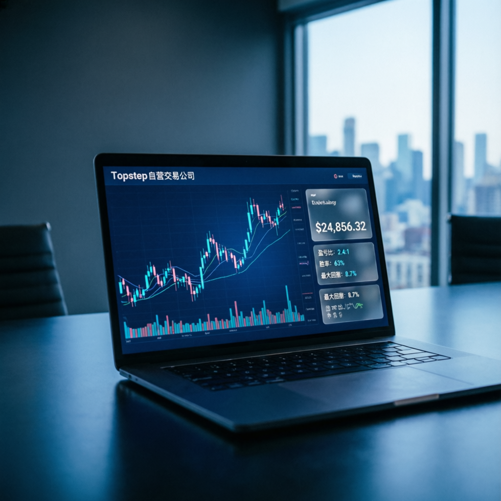 Topstep trading platform on laptop showing futures charts and account performance metrics