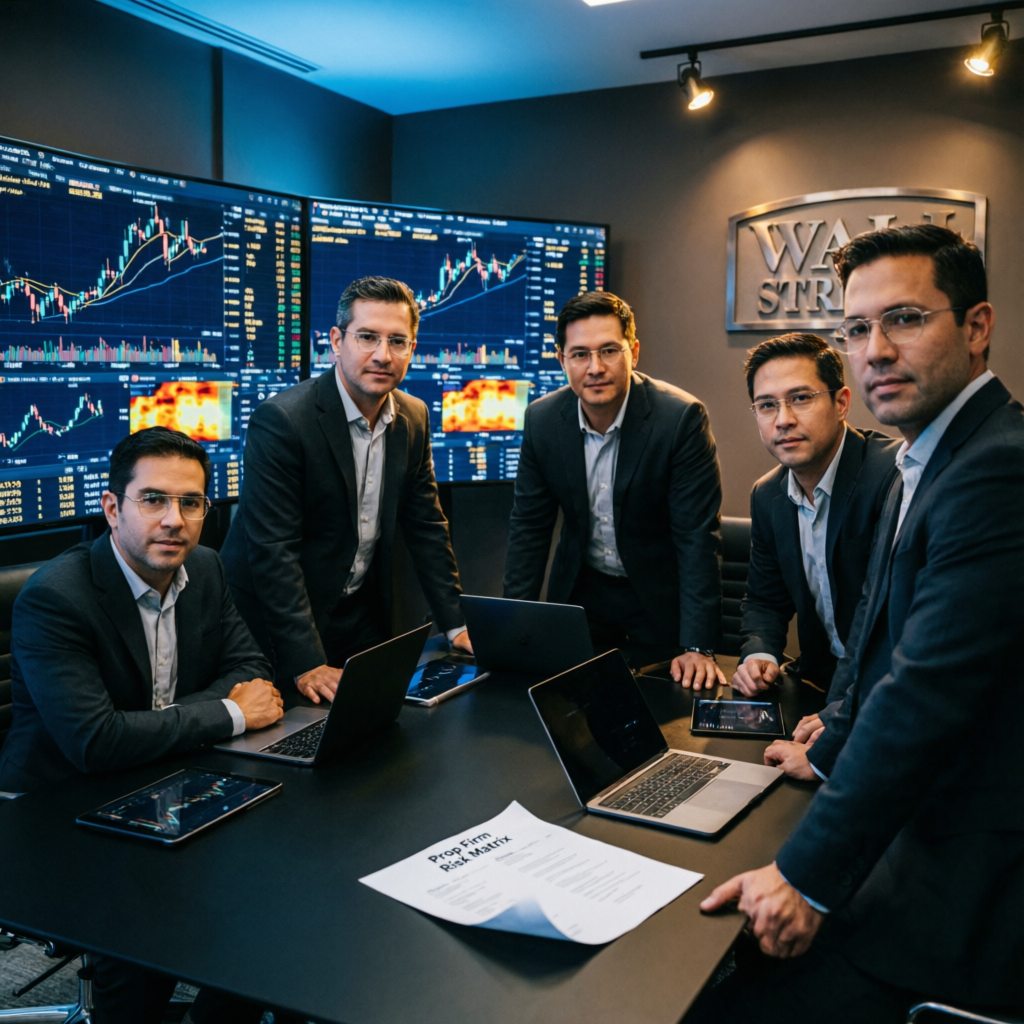 Professional team of prop firm traders collaborating in modern trading office