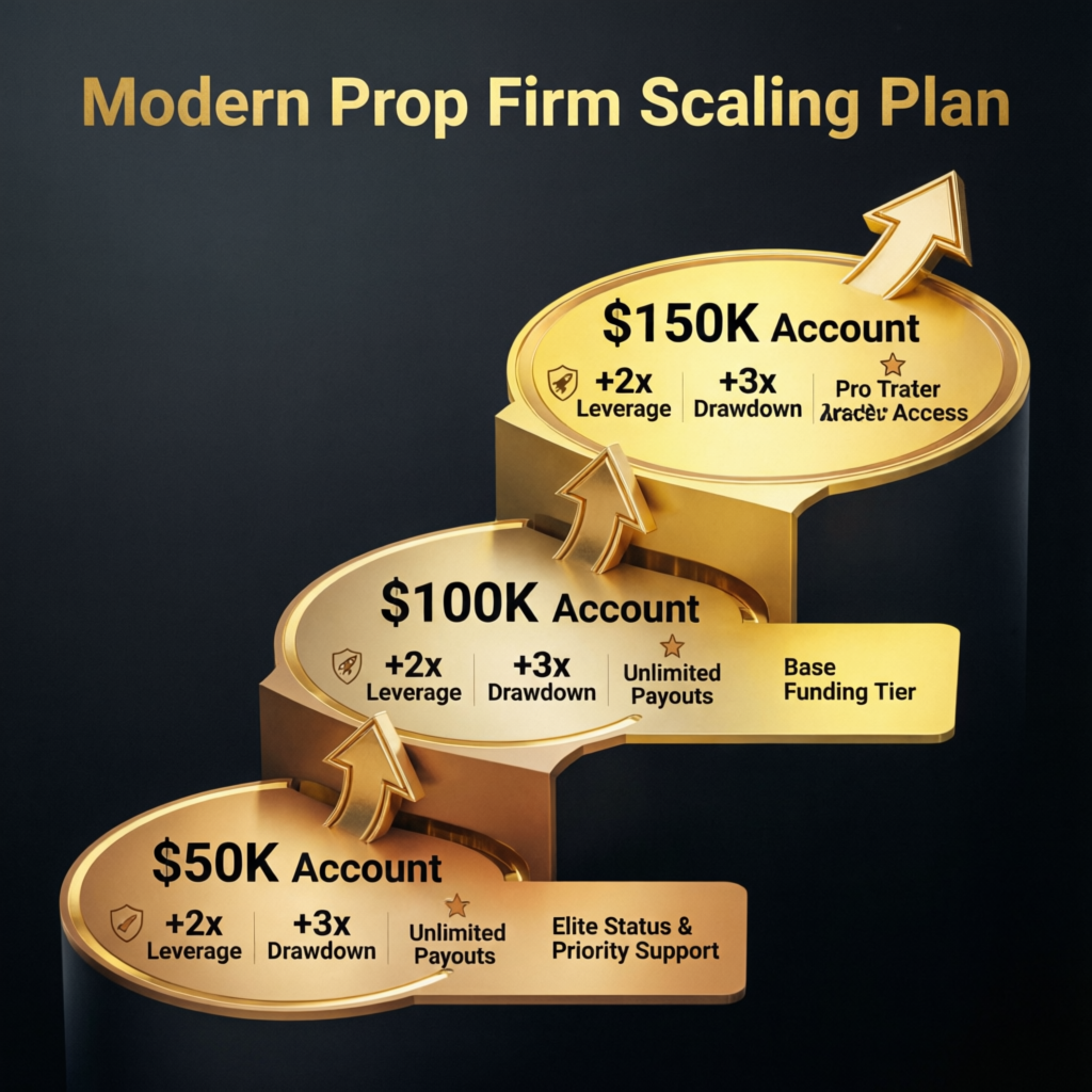 Modern prop firm scaling plan visualization showing progression from 50K to 150K accounts