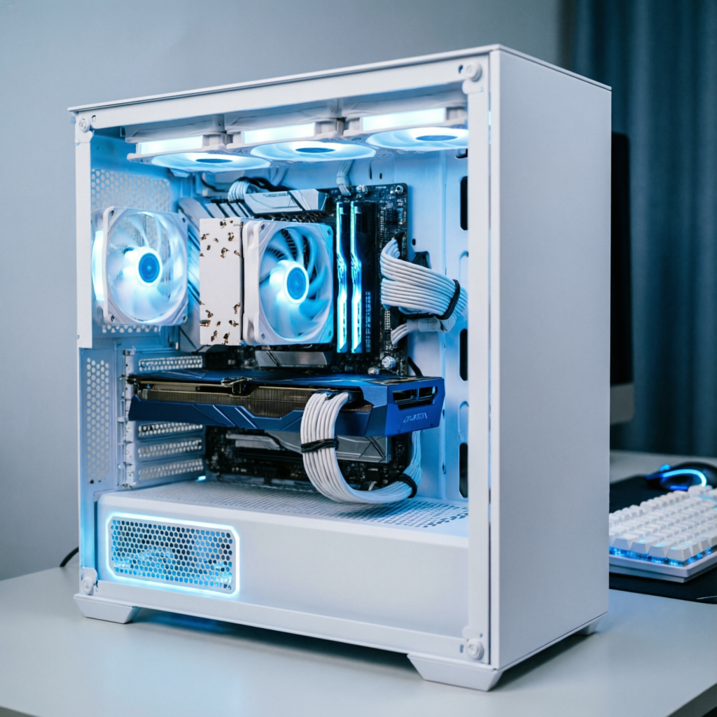 PC Gamer montado profissionalmente com cable management perfeito e iluminação RGB elegante