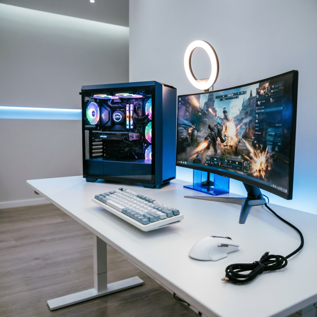 Setup gamer profissional com computador de alto desempenho e iluminação clean