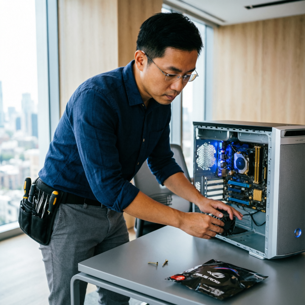 Técnico de informática profissional trabalhando em computador moderno