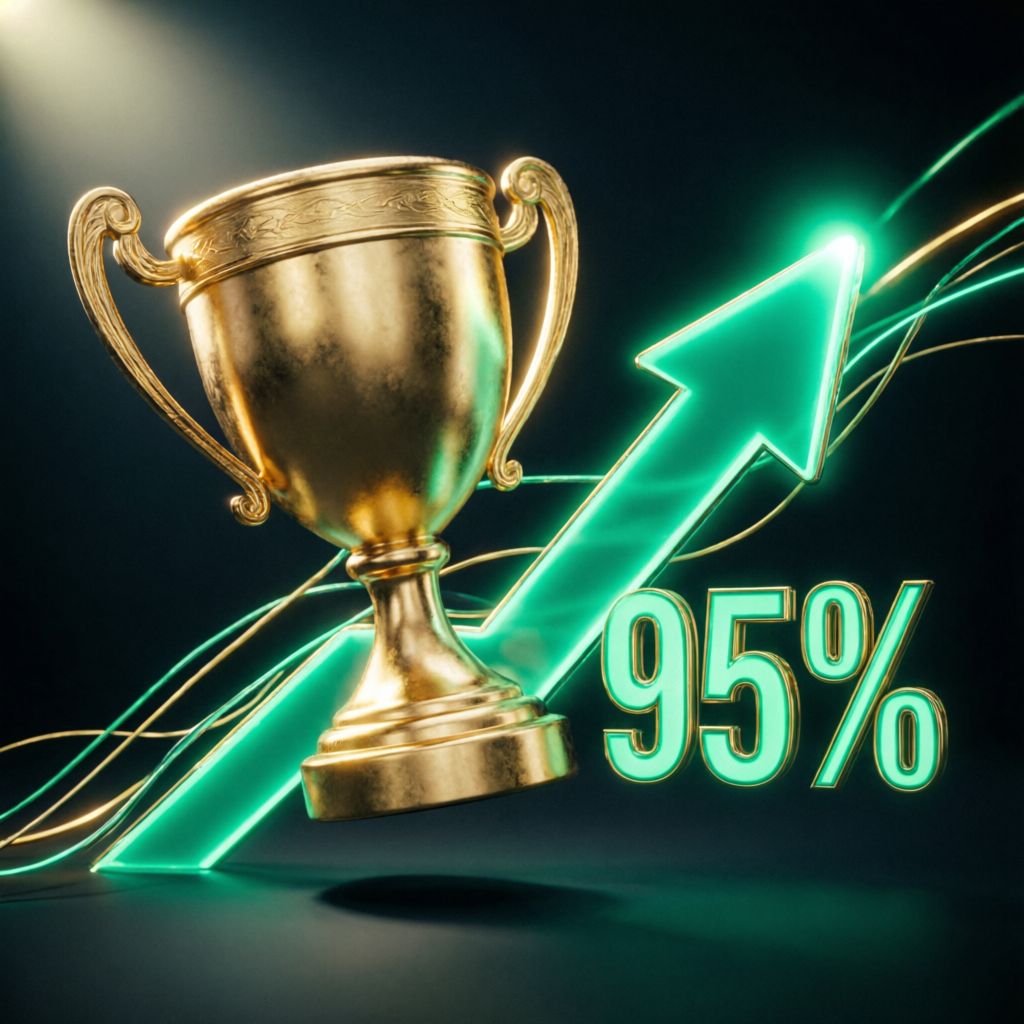 95% success rate visualization with trophy and upward arrow