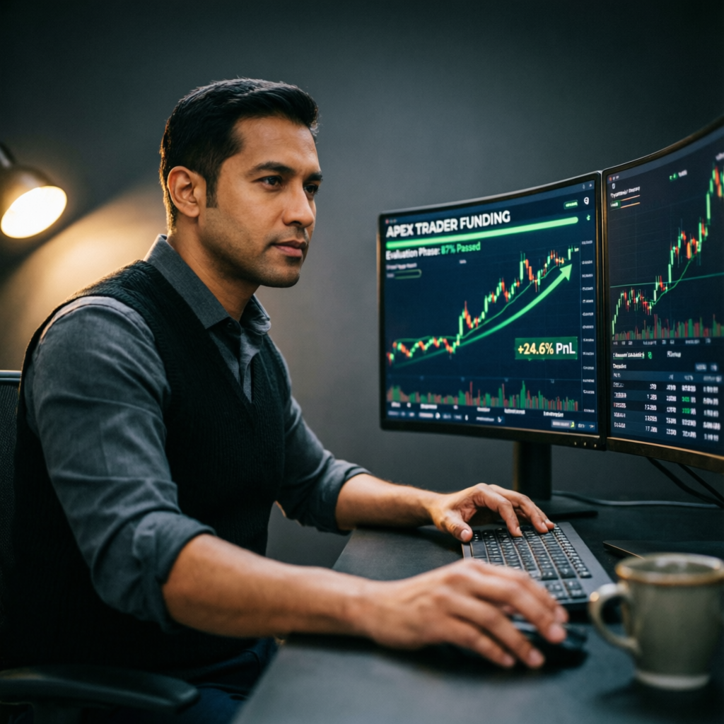 Professional trader analyzing Apex Trader Funding evaluation dashboard