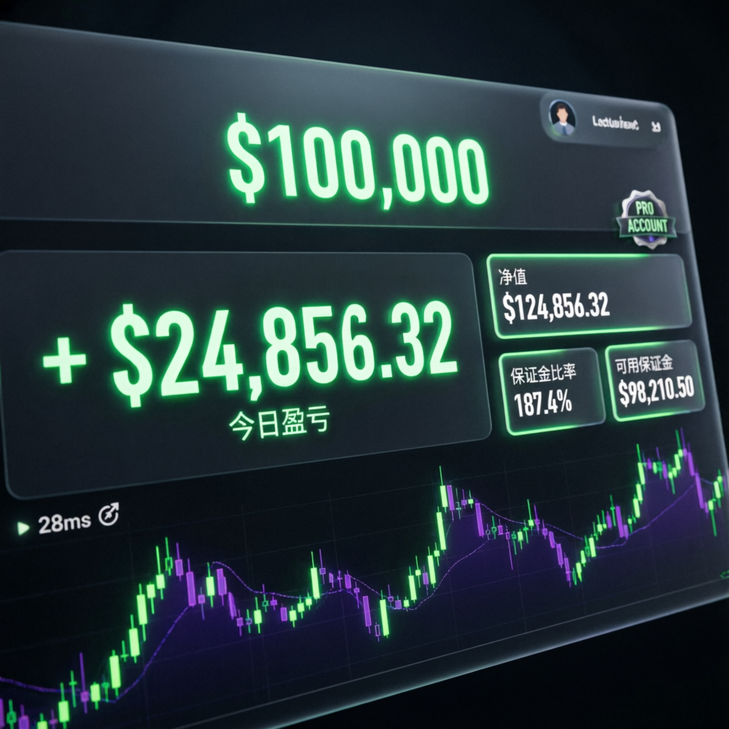 Funded account dashboard showing $100,000 account with profit