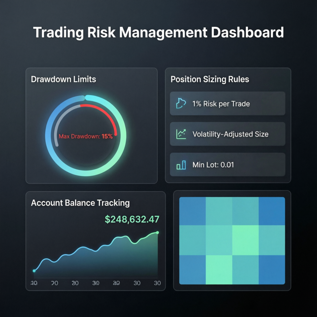 Trading risk management dashboard showing drawdown limits and position sizing rules