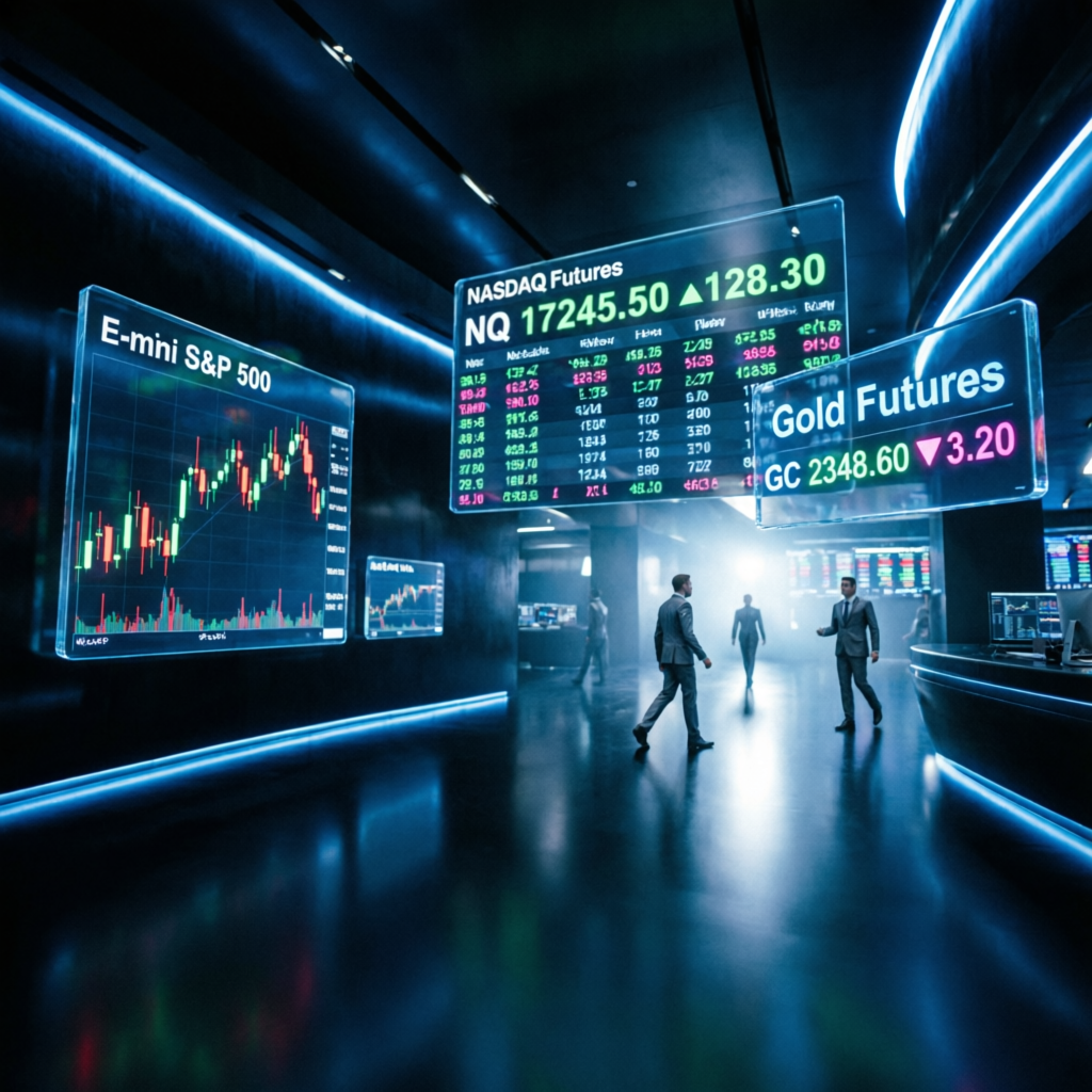 Futuristic trading floor with holographic displays showing E-mini S&P 500, NASDAQ, and Gold futures