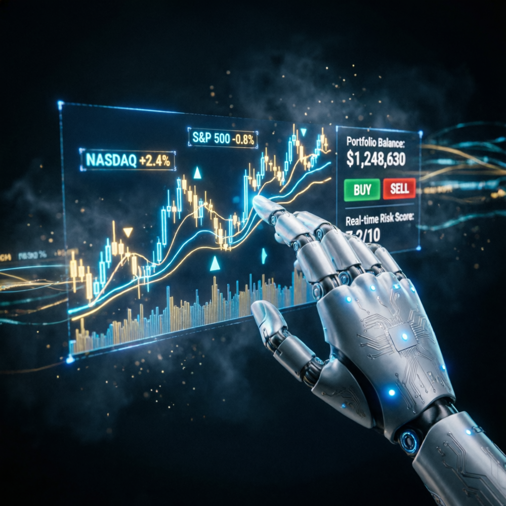 AI robot hand interacting with holographic trading charts