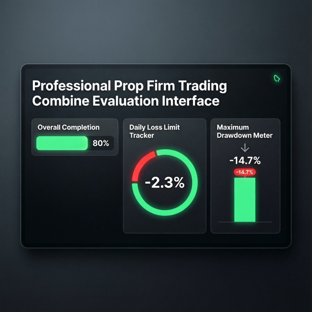 Professional prop firm trading combine evaluation interface with completion tracker