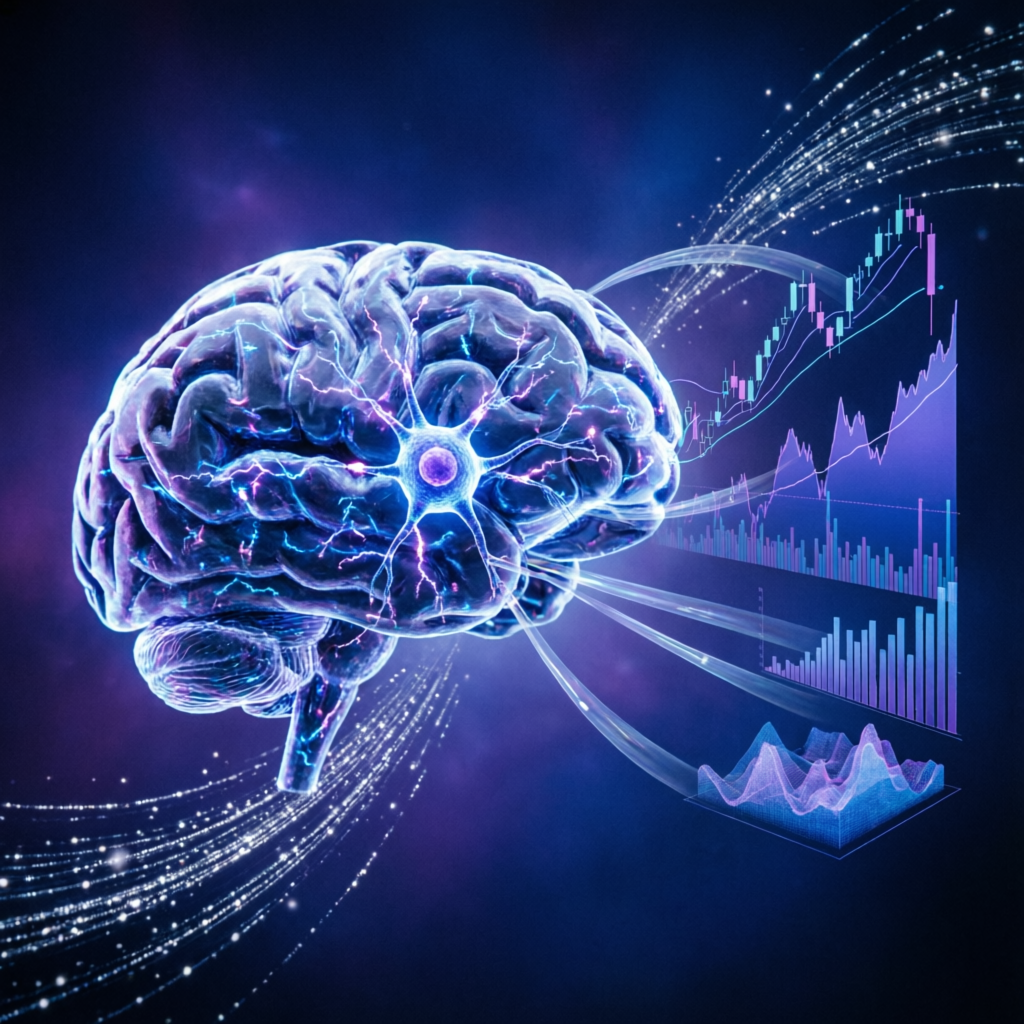 AI neural network brain connected to financial trading charts