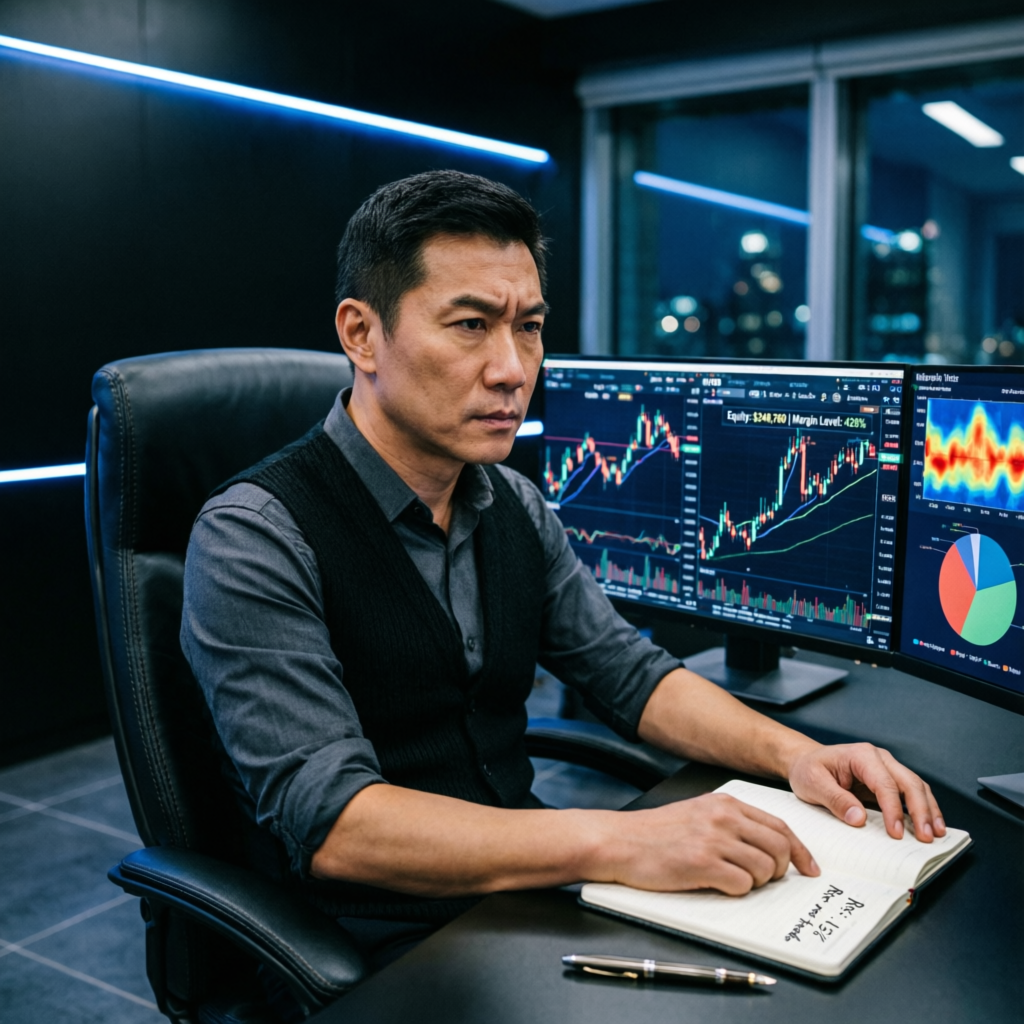 Professional forex trader analyzing candlestick charts on multiple screens