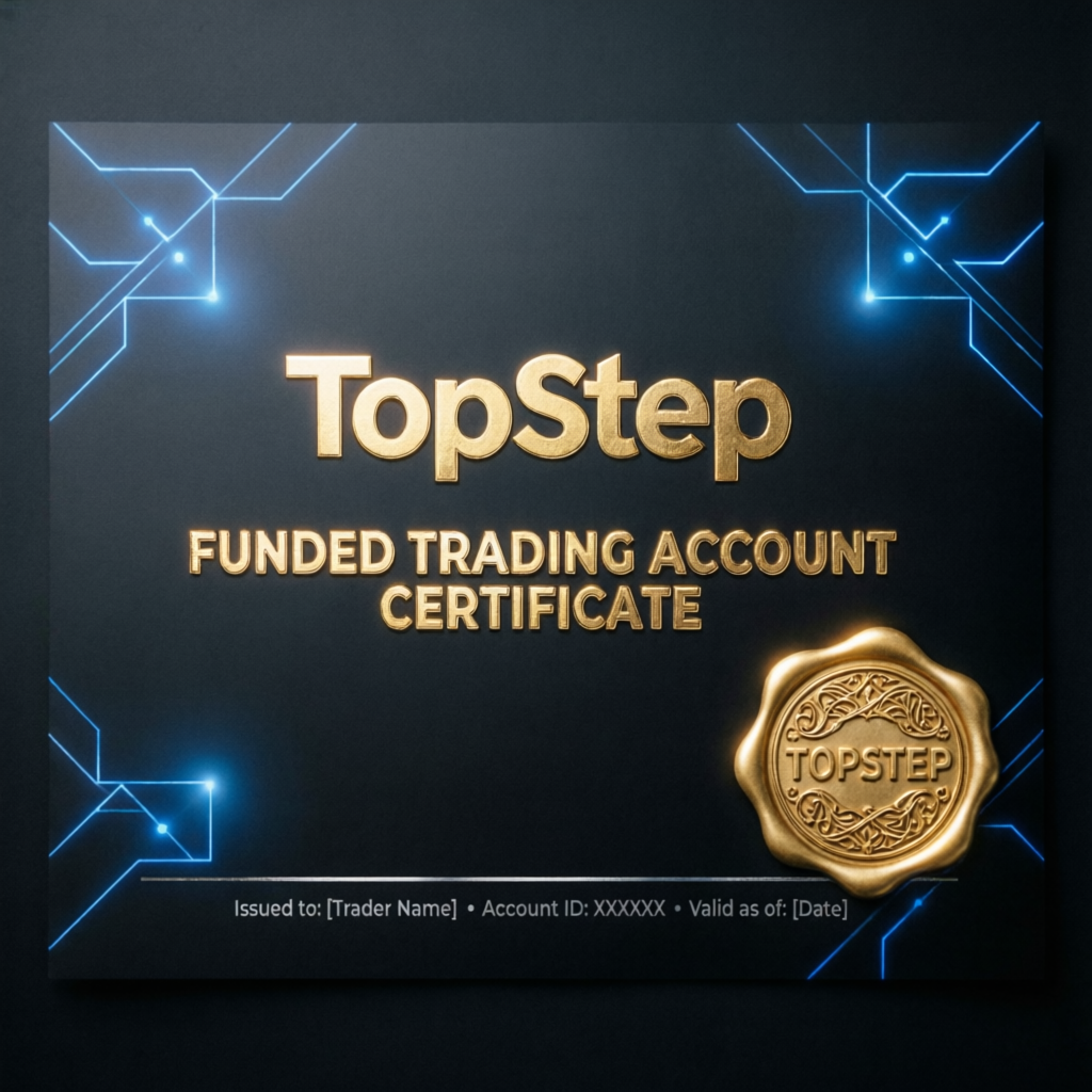 Topstep funded trading account certificate with golden seal