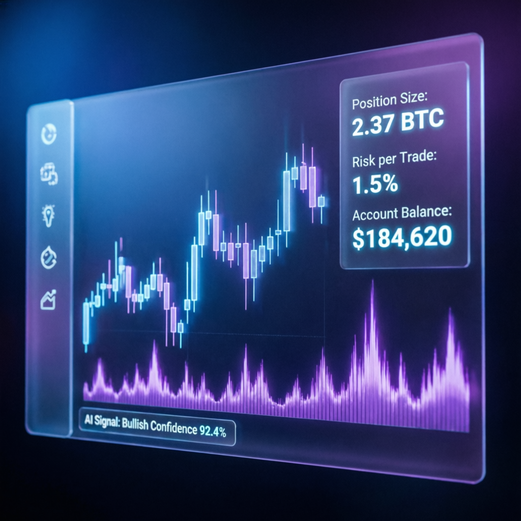 AI-powered trading dashboard showing position size calculation and financial charts