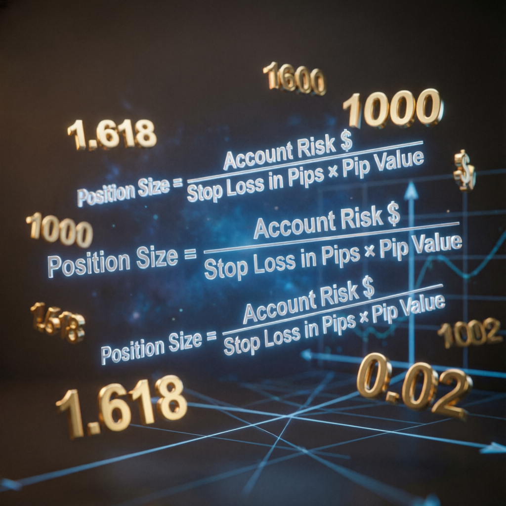 Position size calculation formula visualization with mathematical equations