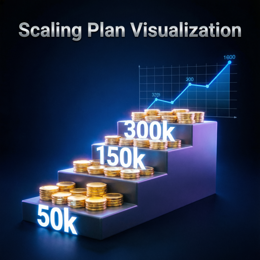 Topstep scaling plan visualization showing account growth from 50k to 150k to 300k