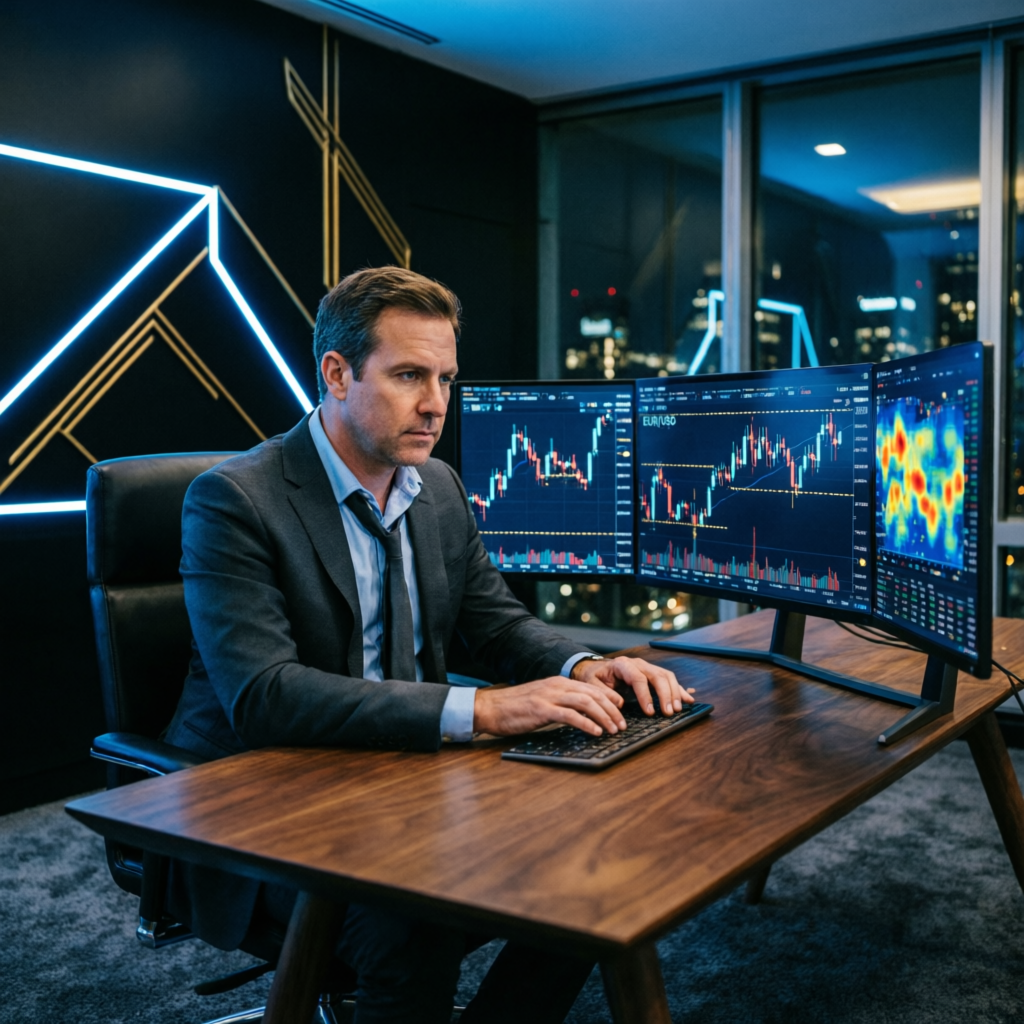 Professional forex trader at multiple monitors