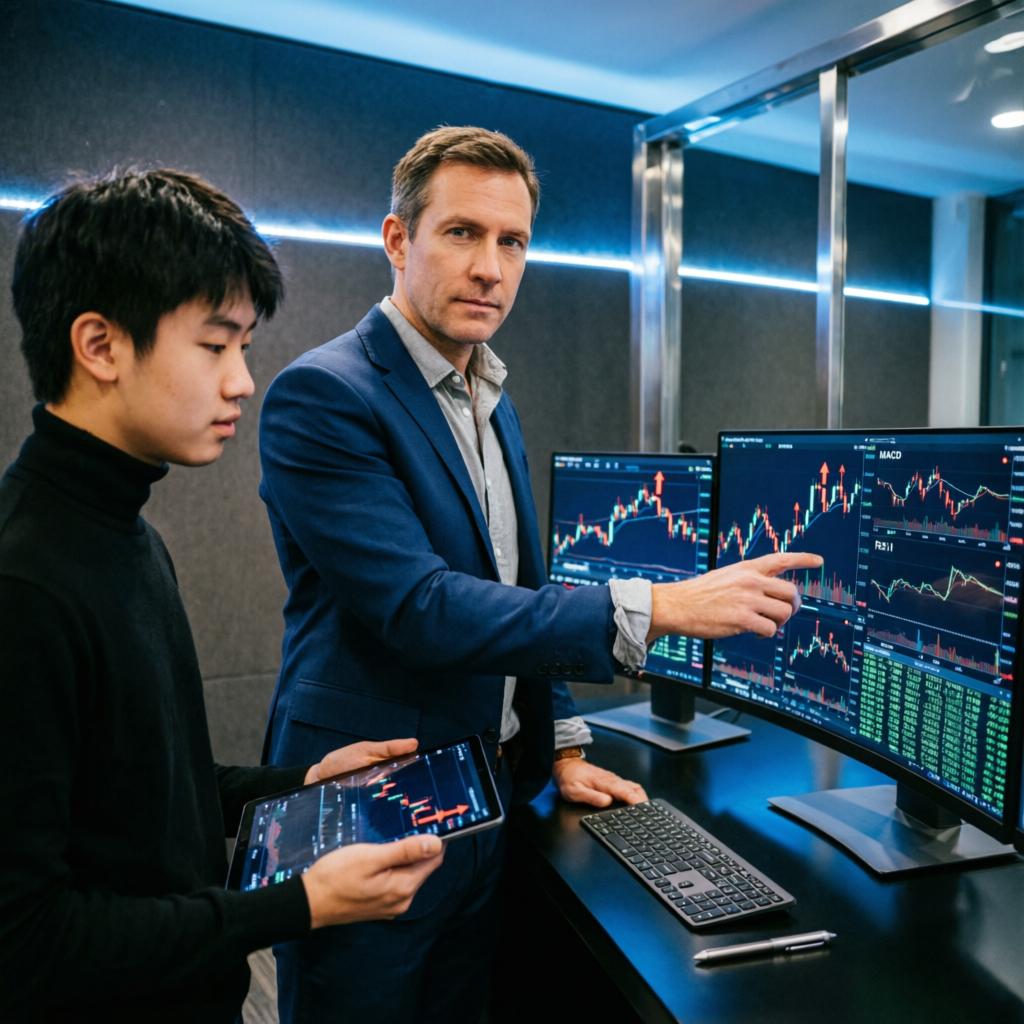 Professional trader mentoring student at trading desk