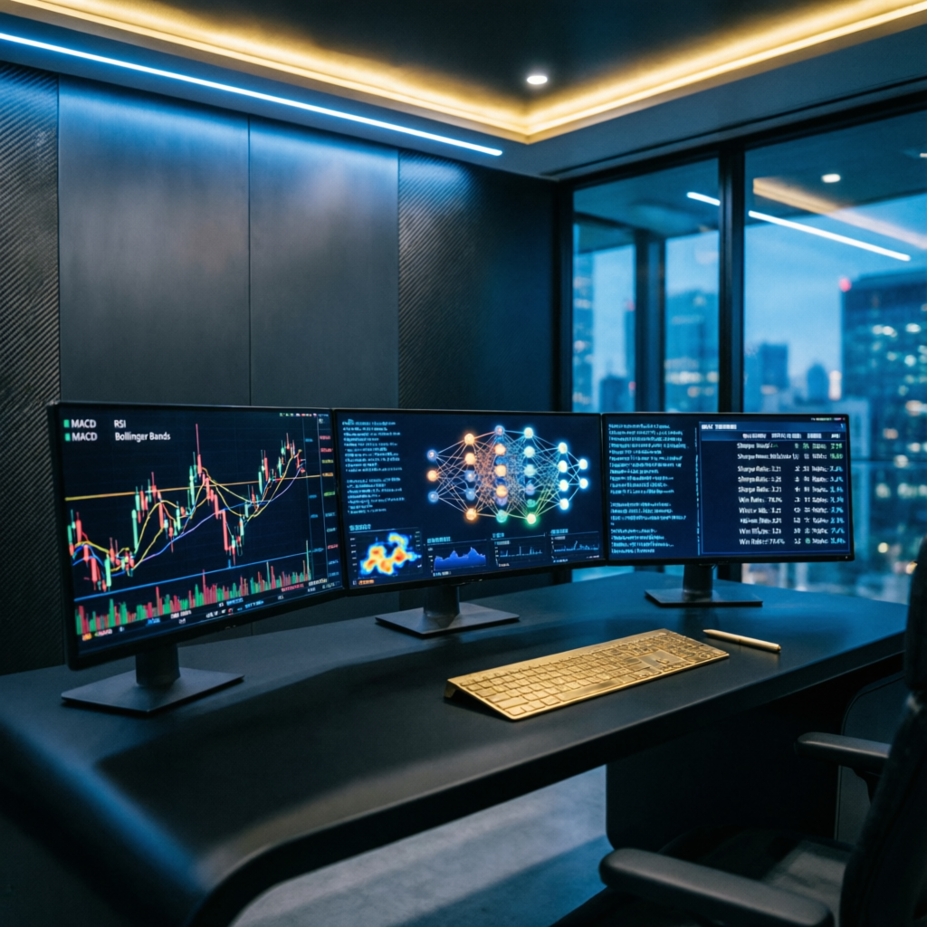 Advanced trading technology with multiple monitors and AI systems