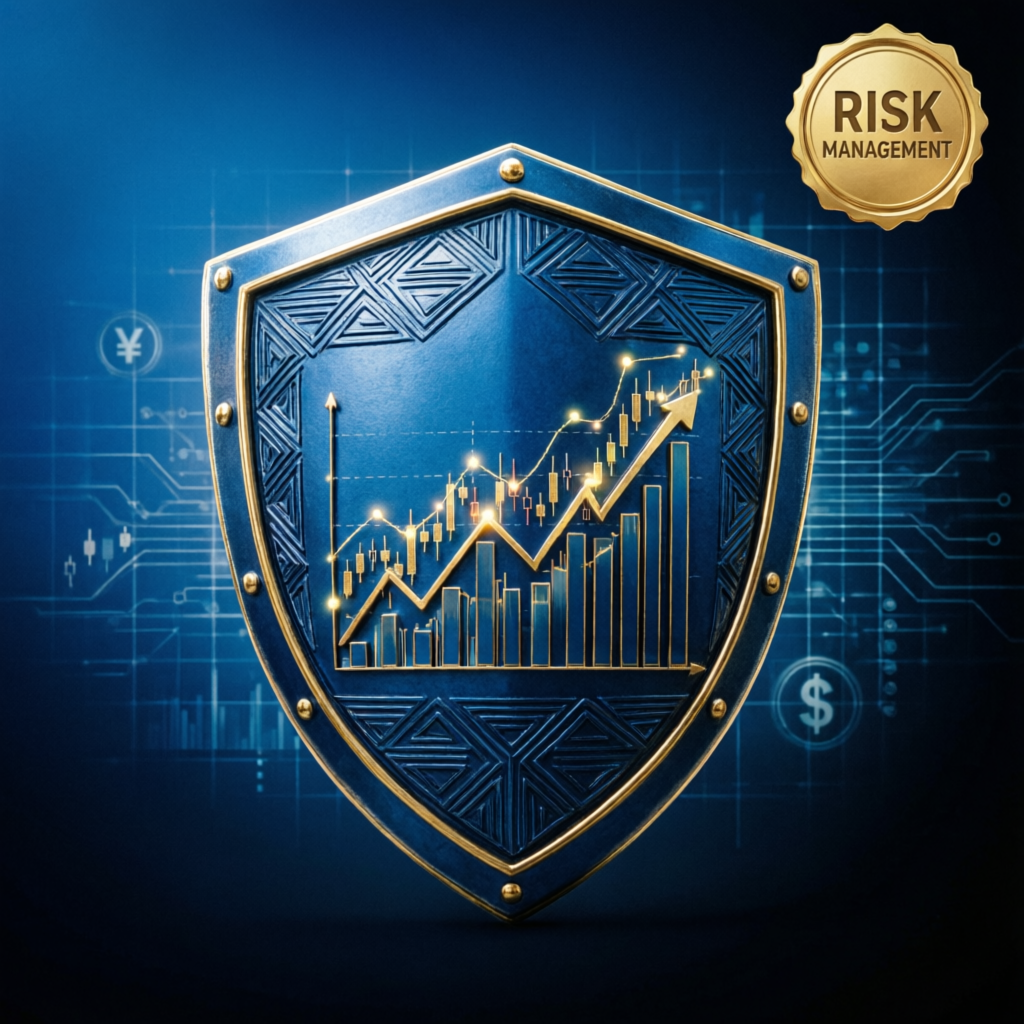 Risk management shield protecting financial charts