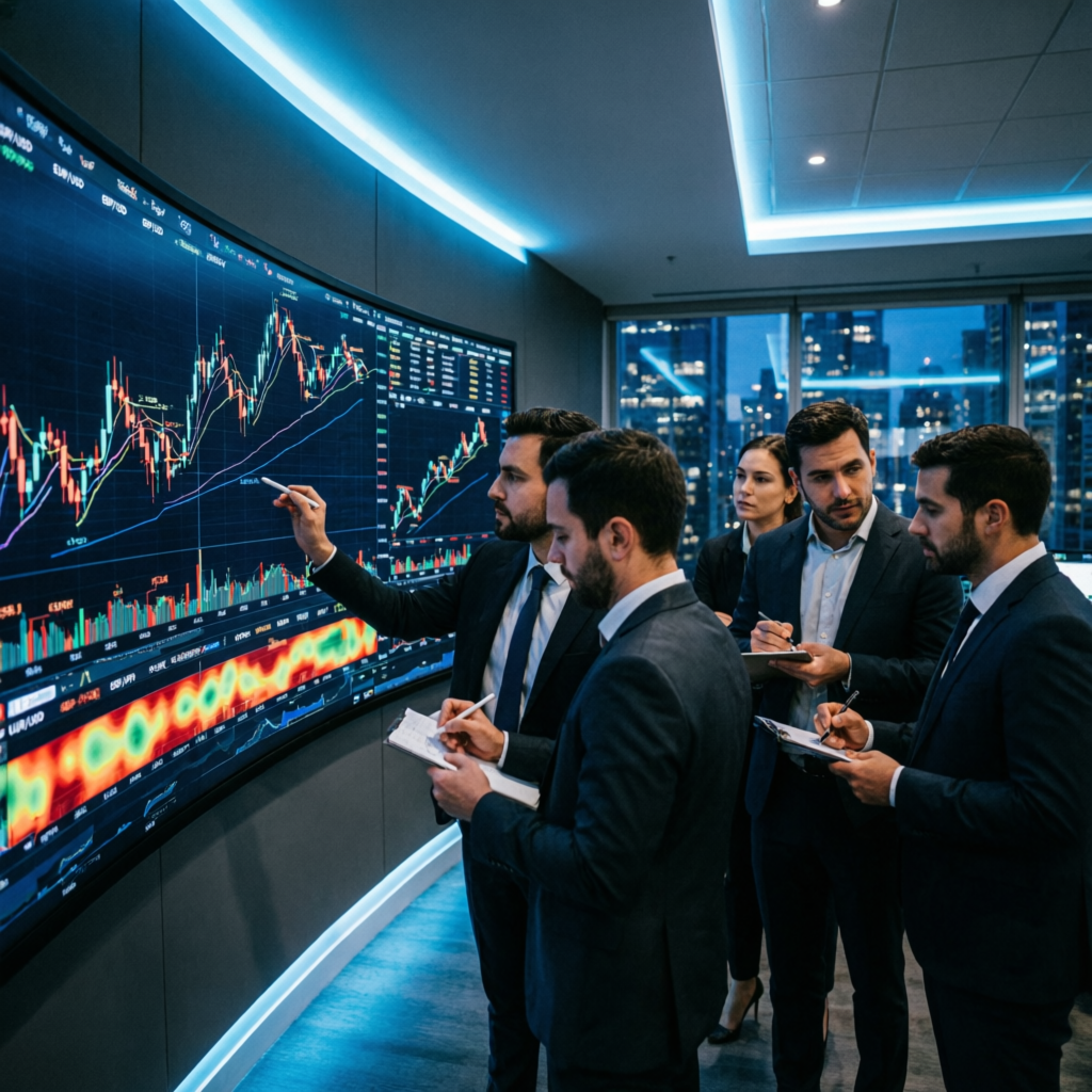 Professional trading team analyzing charts together