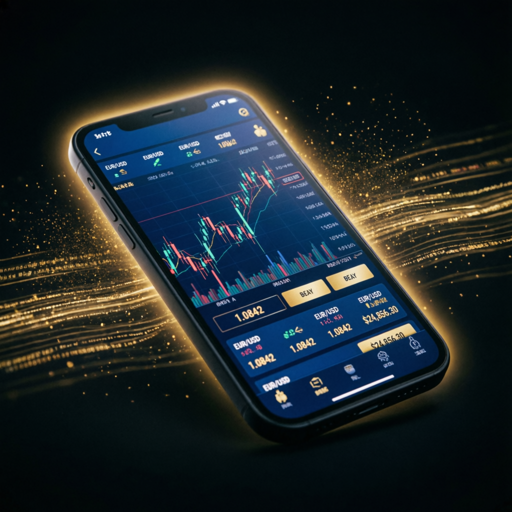 Mobile trading app with forex charts on smartphone