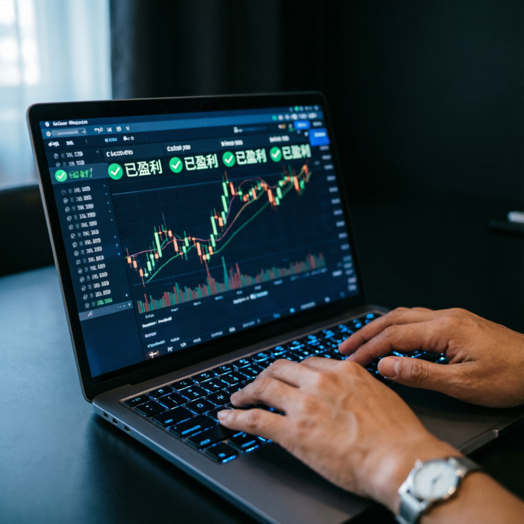 Hands trading forex on laptop with profitable chart patterns