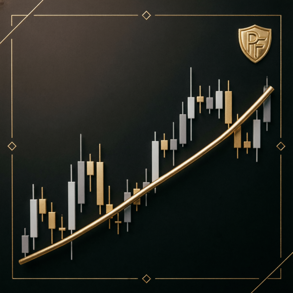 Topstep trading strategy with gold trend line and candlestick chart