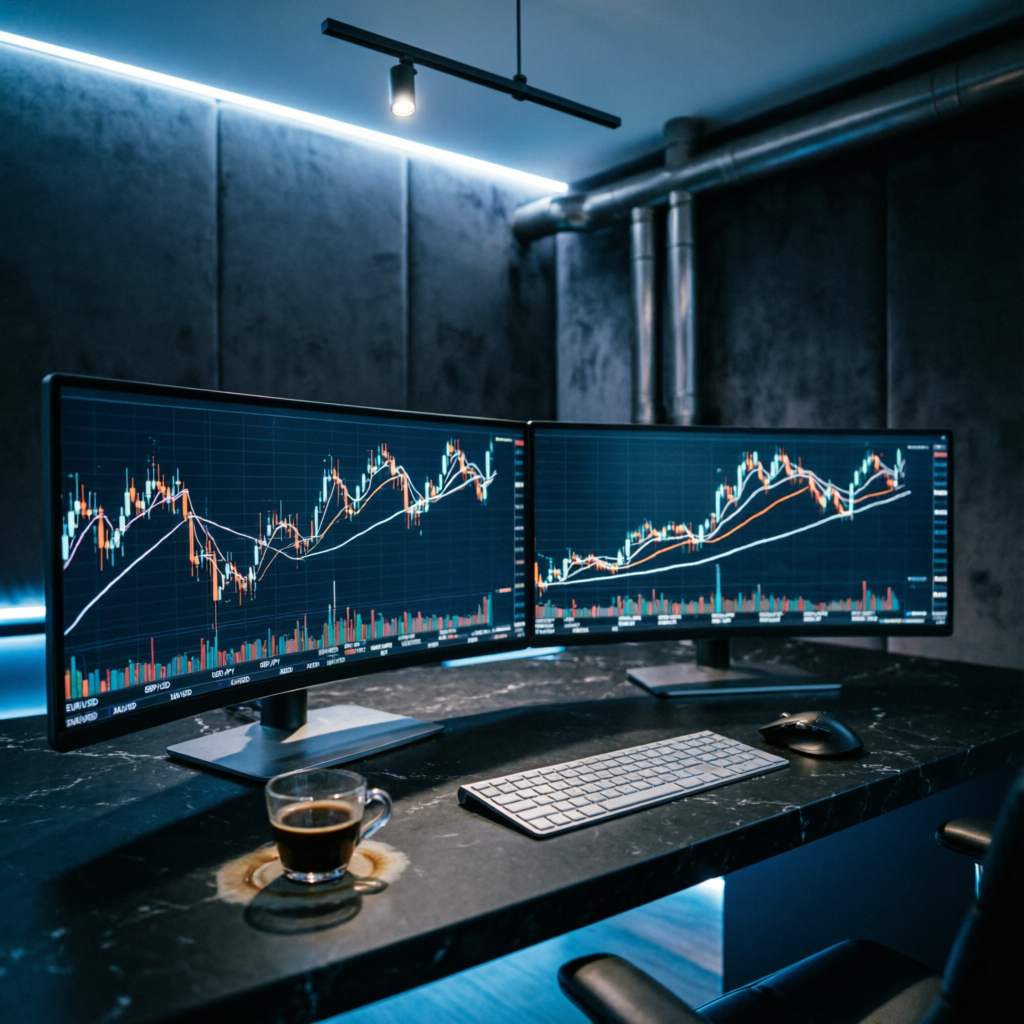 Premium trading setup with multiple monitors showing charts