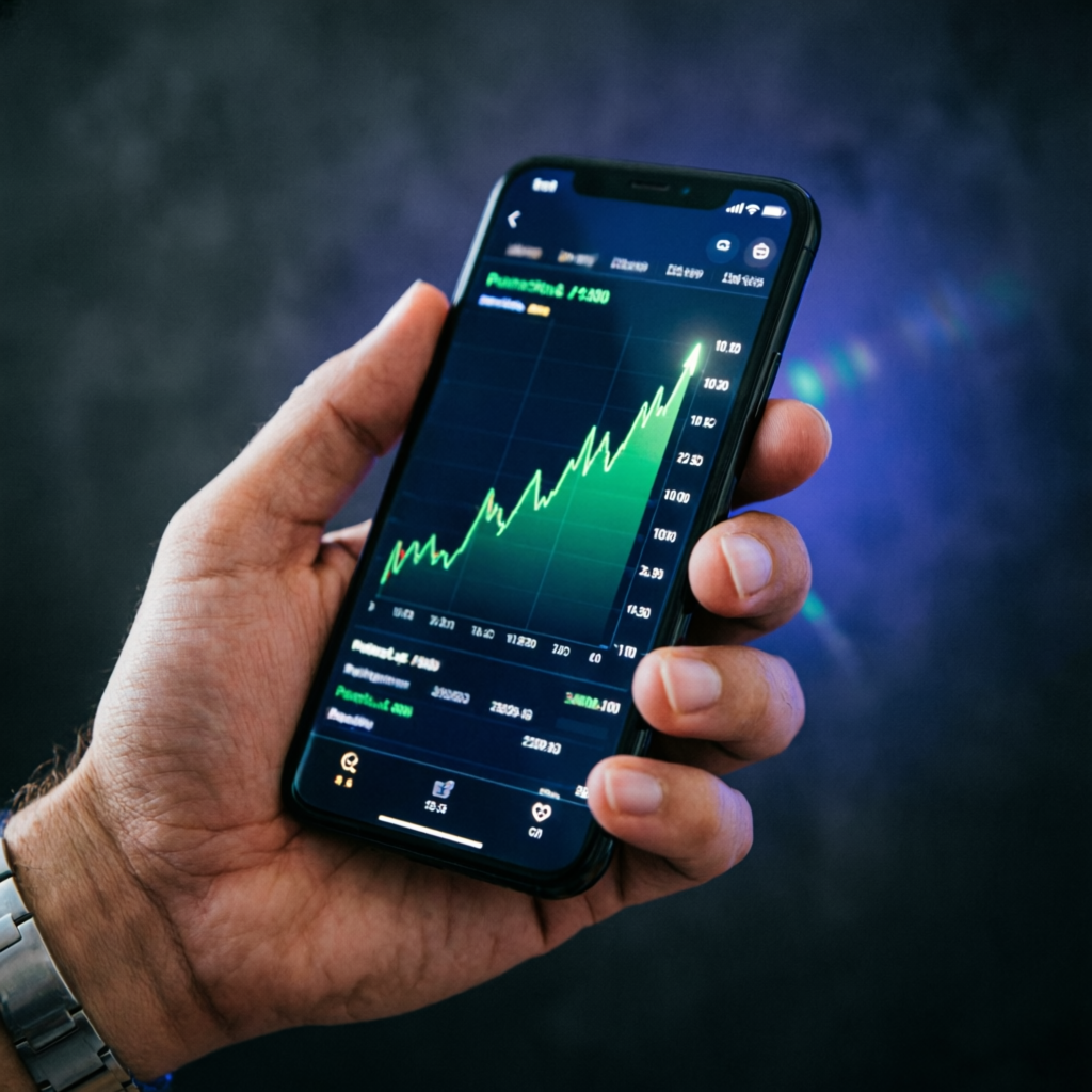 Mobile trading app showing profit chart