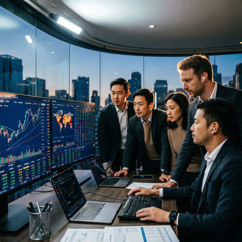 Professional trading team analyzing market data