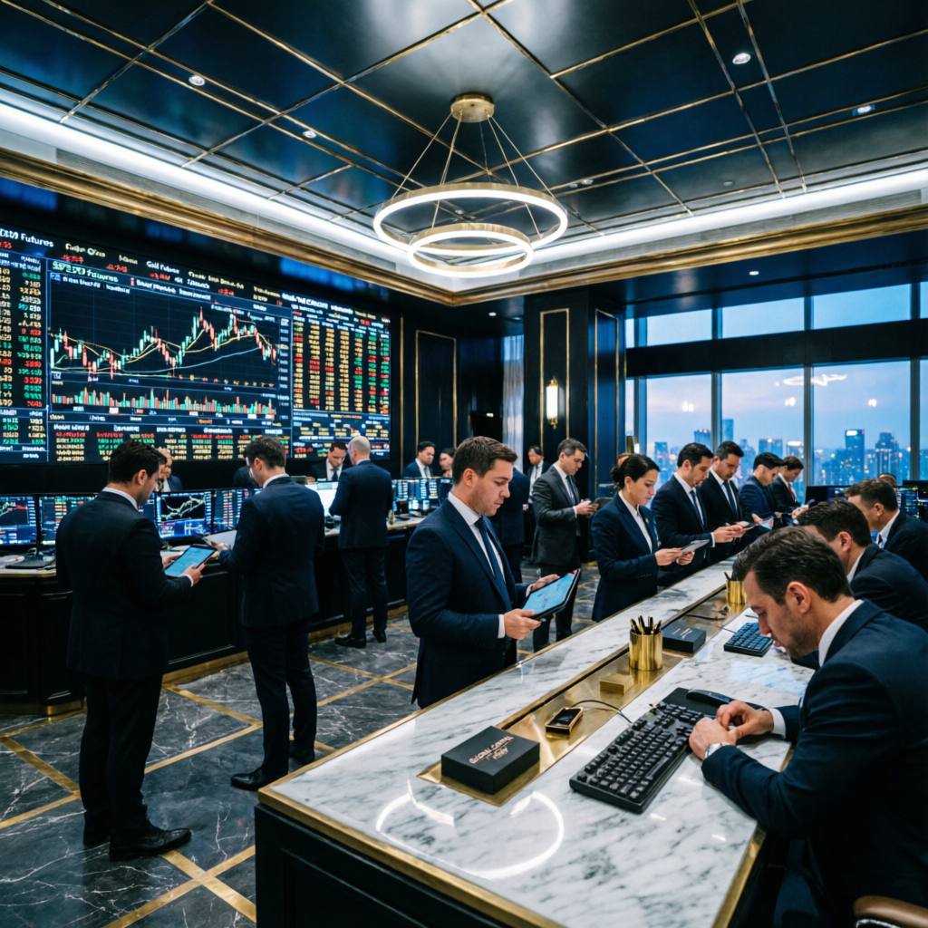 Luxury Prop Trading Floor with Professional Traders Analyzing Futures Markets