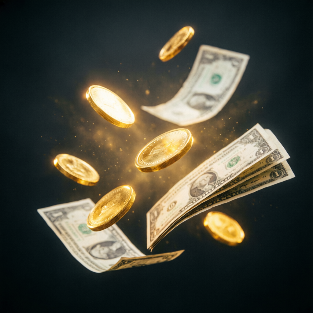 Payout success with gold coins and dollar bills - Topstep payout achievement