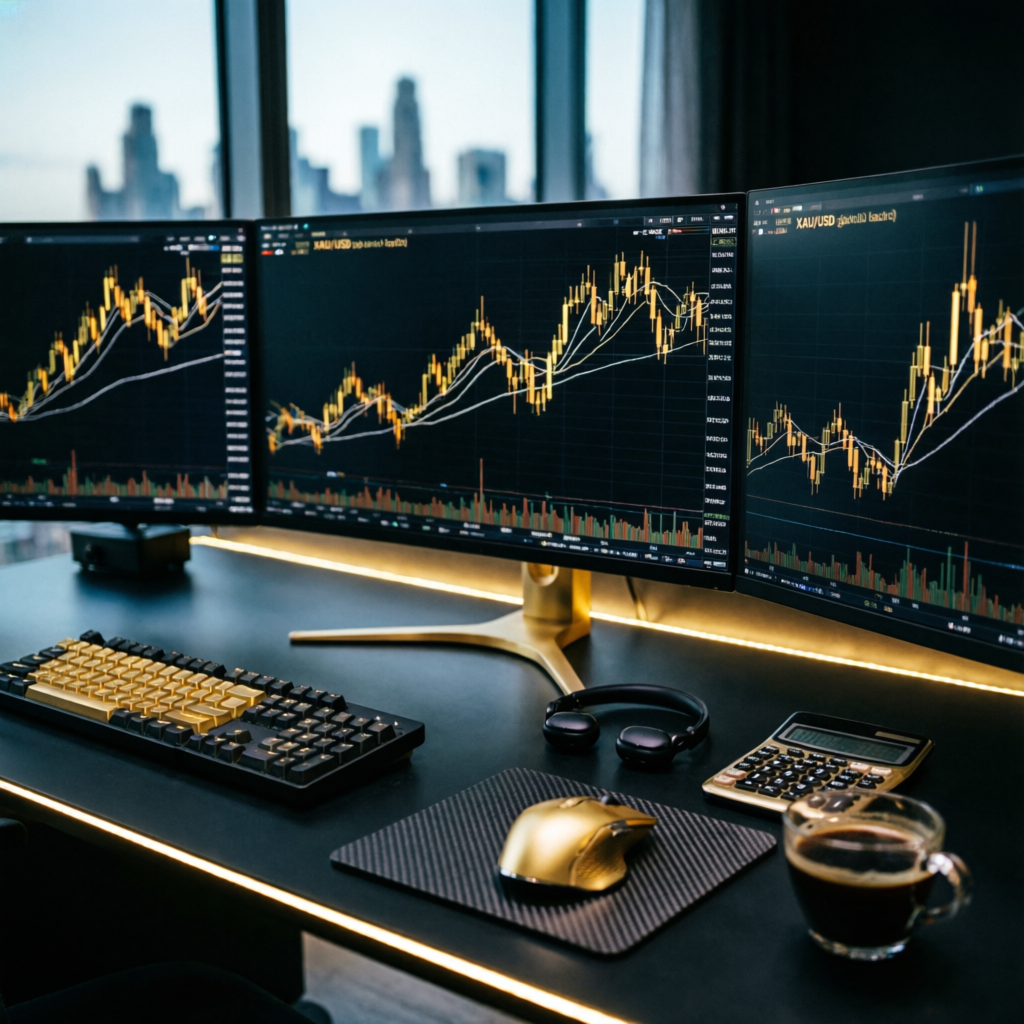 Professional multi-screen trading setup with XAUUSD gold charts