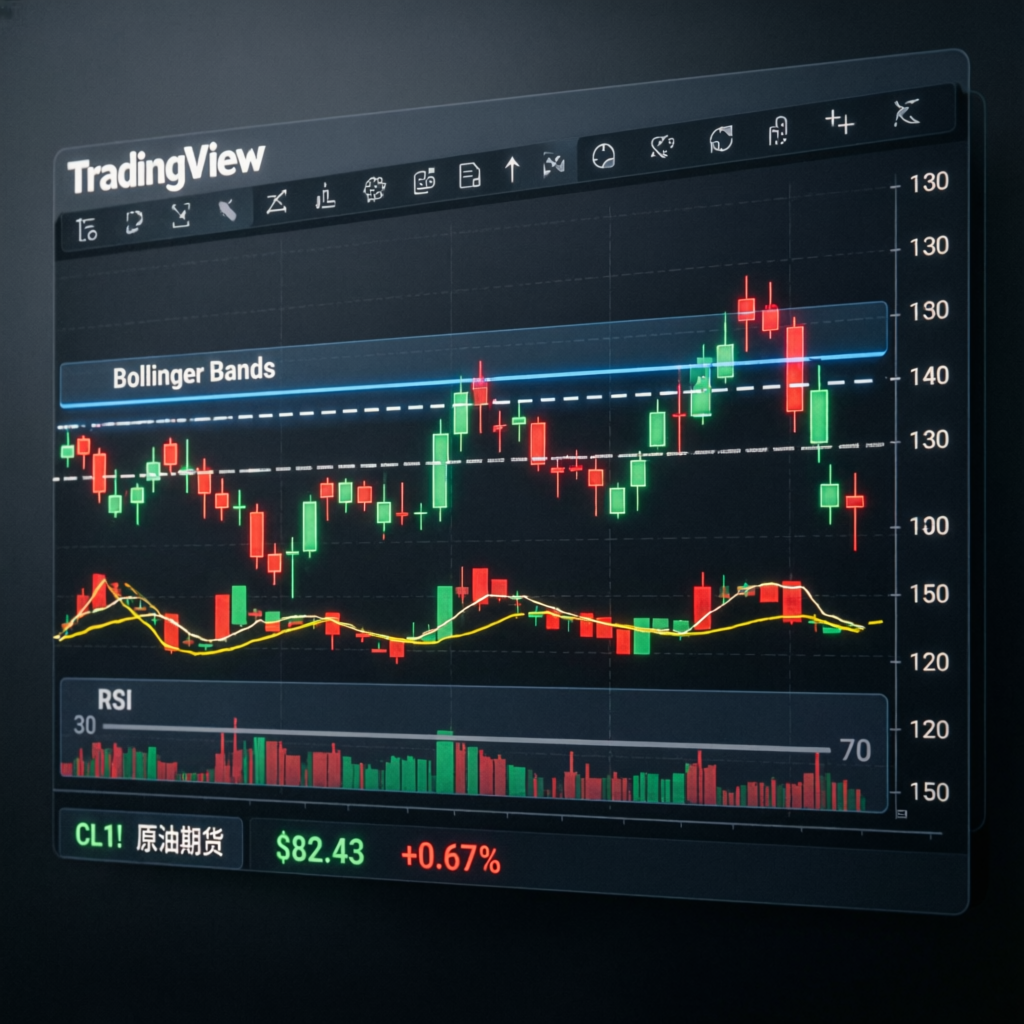TradingView chart analysis interface showing Bollinger Bands and RSI indicators for futures trading