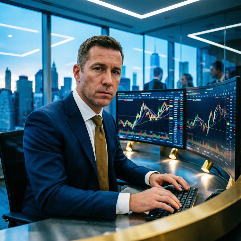 Professional forex trader analyzing Apex Trader Funding charts in Wall Street office